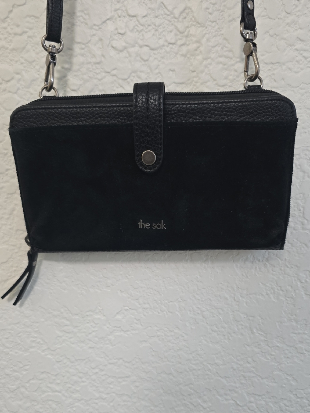 The Sak Black Suede & Pebble Leather Crossbody Wallet
